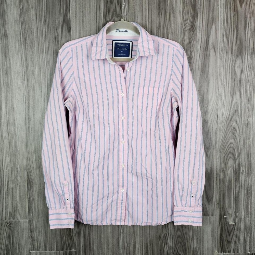 American Eagle Outfitters Favorite Shirt Womens 12 Pink Blue Striped Button Down